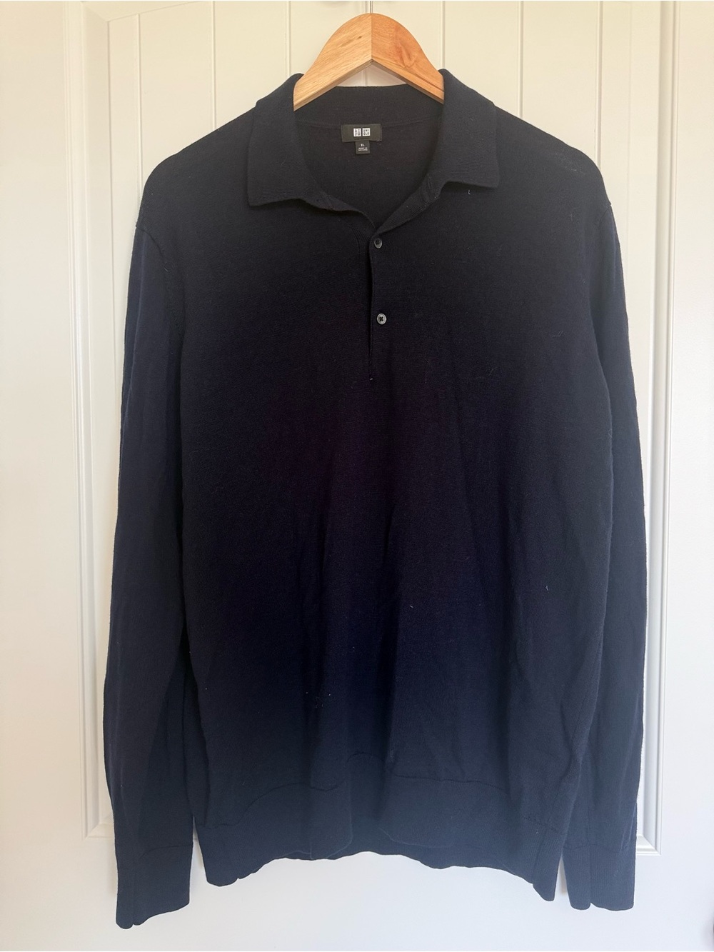 UNIQLO Extra Fine Merino Wool Knitted Long-Sleeve Polo Shirt - Black / Navy - XL
